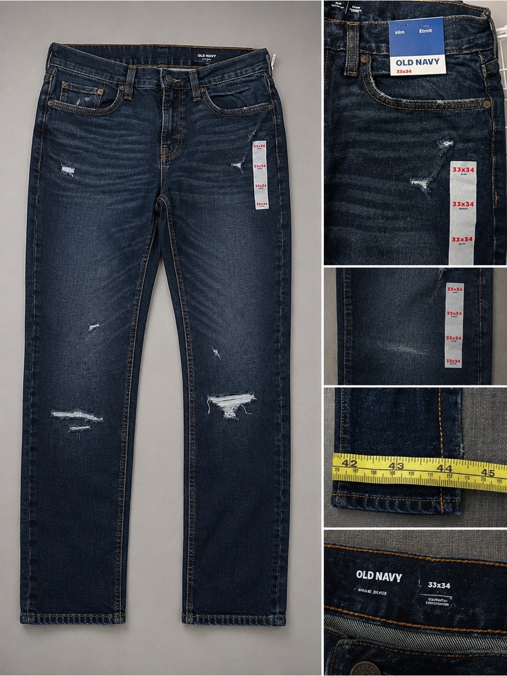 Old Navy Men's Dark Indigo Slim Straight Distressed Jeans